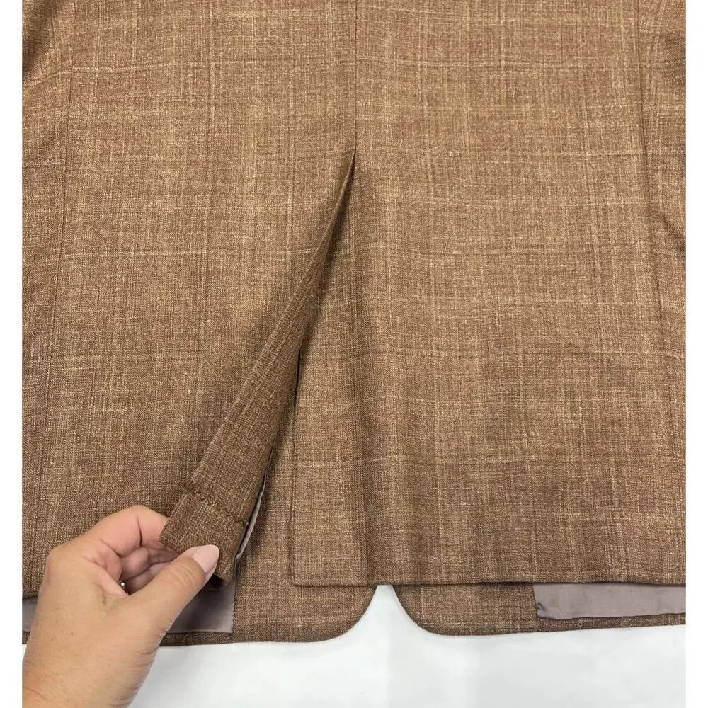 Hickey Freeman Mens Silk Linen Wool Plaid Blazer 44L Brown Sport Coat Jacket